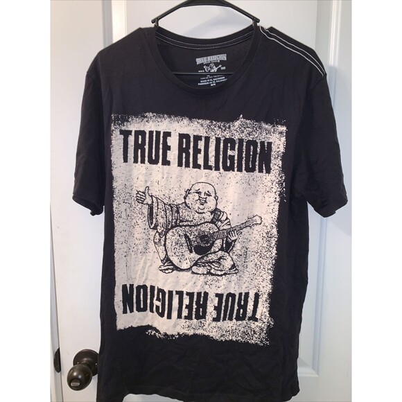 True Religion Men’s Buddha Pushprint Short Sleeve T-Shirt Shirt Sz Medium Black - Picture 1 of 6